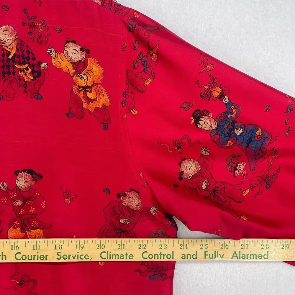 CHICOS Blouse 3 XL Asian Chinese Print Silk Satin Mandarin Collar Button Up Red_9